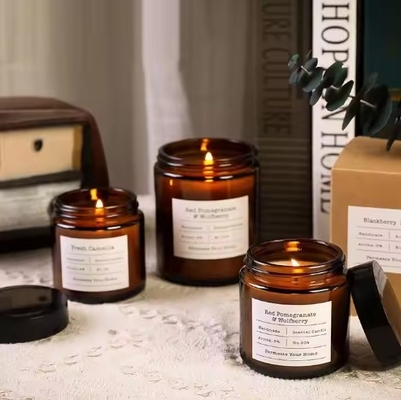 Wholesale 100ml 150ml 200ml Amber Customer Label Empty Glass Candle Jars With Metal Covers