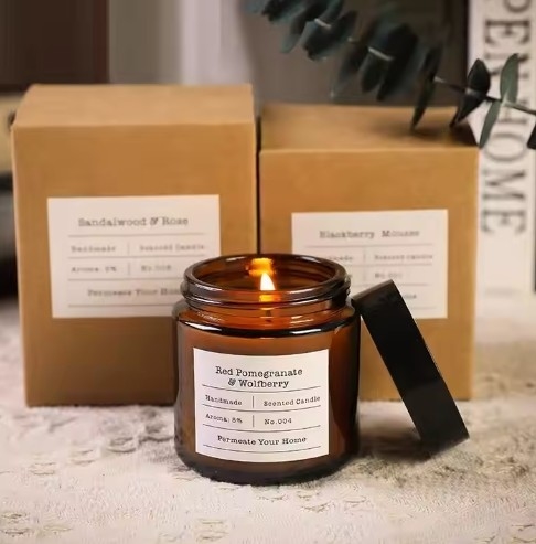 Wholesale 100ml 150ml 200ml Amber Customer Label Empty Glass Candle Jars With Metal Covers